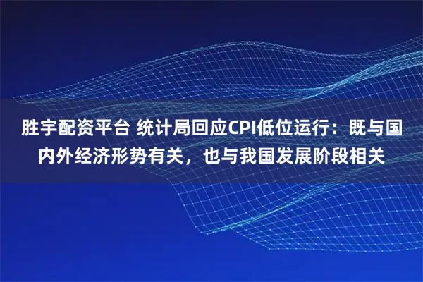 胜宇配资平台 统计局回应CPI低位运行：既与国内外经济形势有关，也与我国发展阶段相关